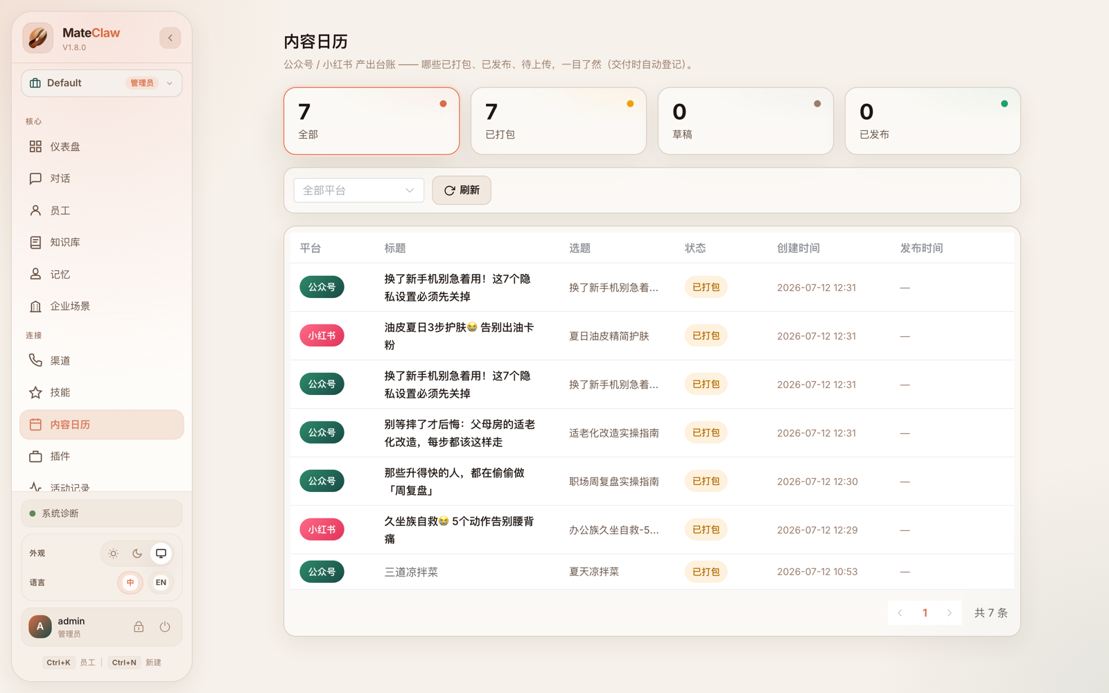 The Content Calendar page